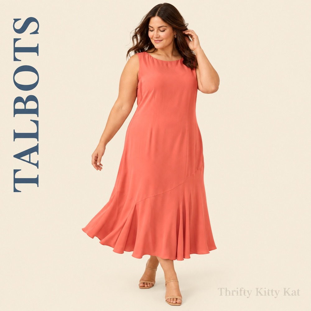 Talbots Pure Silk Midi Dress Asymmetric Ruffle Hem Fit Flare Coral Salmon 18